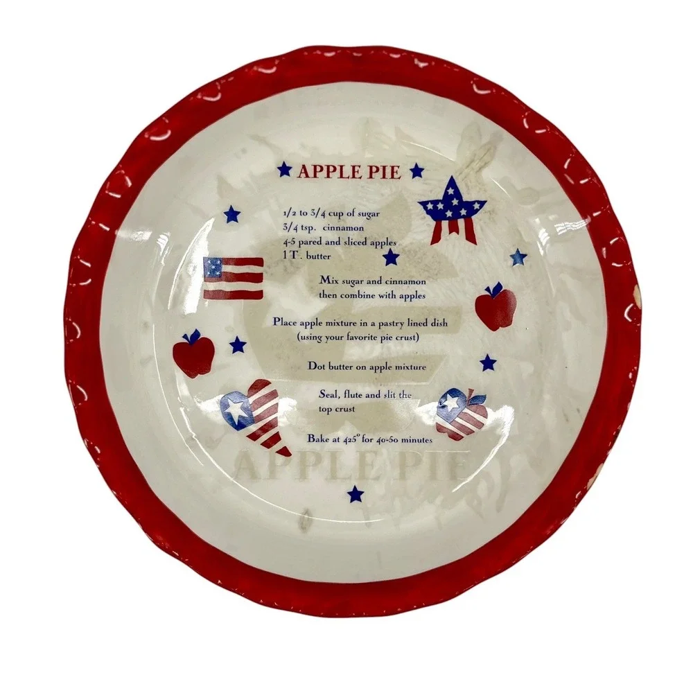 Americana Patriotic Apple Pie Recipe Stoneware Pie Plate 10 Inch Red White Blue